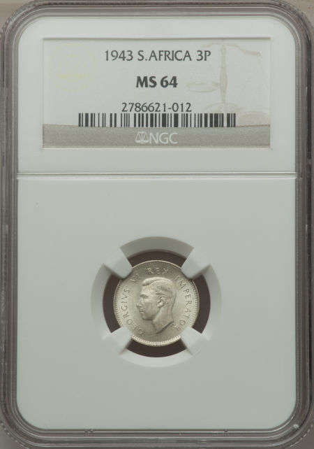 Union of SA 1943 Threepence 3d  - NGC Certified MS64 - RARE !