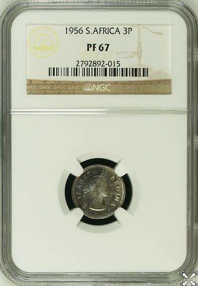 SA Union 1956 Silver PROOF Threepence - NGC Certified PF67 Finest Known  !!!