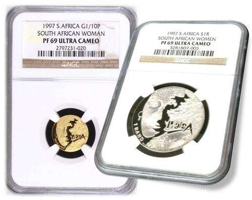 South Africa PROOF 1997 Protea Woman Combo Gold 1/10th & Silver R1 Both NGC Certified PF69UC