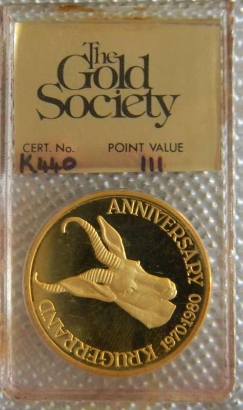 South Africa The Gold Society 1oz Fine Gold PROOF Krugerrand Anniversary 1970-80 Medallion