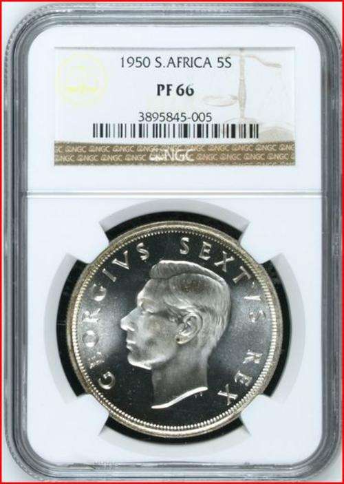 SA Union 1950 Silver Crown Five Shillings NGC PF66 - 2nd Finest Known - KEY Date Mintage 500