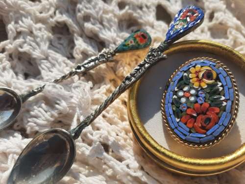 MICRO MOSAIC BROOCH AND SPOONS LOT