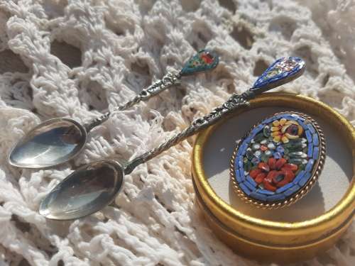 MICRO MOSAIC BROOCH AND SPOONS LOT