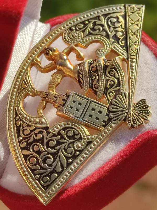 Vintage Damascene Dancer Fan Brooch