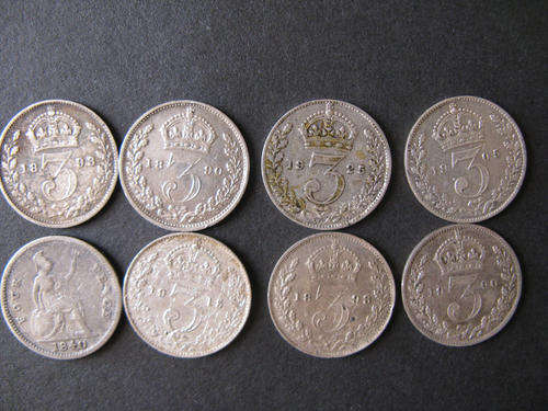 7 x UK. SILVER TICKEYS + FOURPENCE