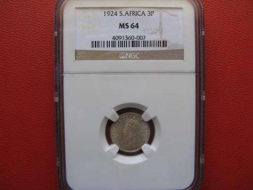 =LUSTROUS= 1924 GEORGE V 3P MS64 2ND HIGHEST GRADE