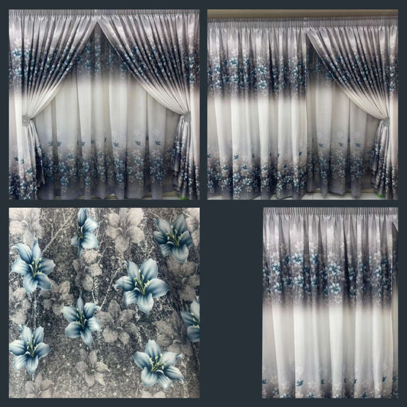 3m Blue Floral Curtain Set + 3m Lace