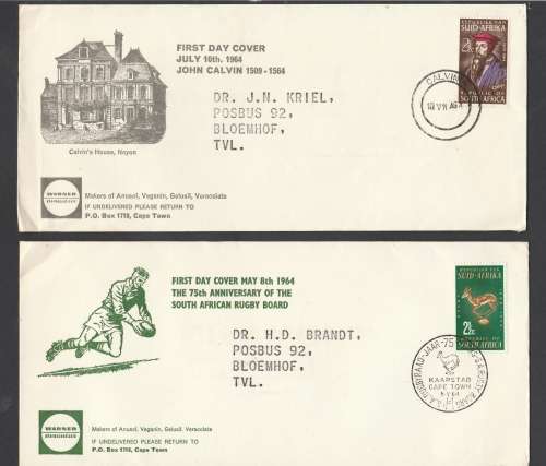 2 FDC's commercialy made in 1964 - JOHN  CALVIN and SA RUGBY BOARD