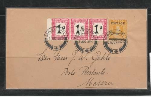 Unique cov franked with NATAL `Postage 12d` ovpt plus 3 1d Postage Dues of Union of SA