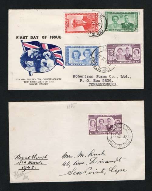 2 FDC`s Royal Visit 1947 (full set) + 1/-  of BASUTOLAND