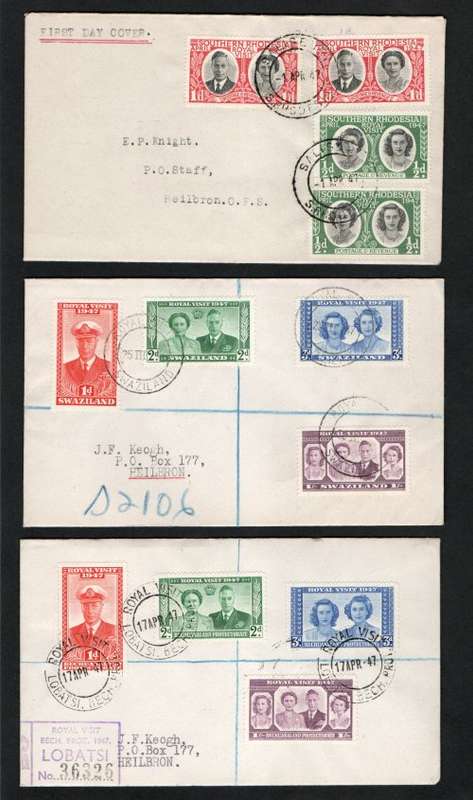 3 FDC`s of Royal Visit of 1947 of SWAZILAND, SUID RHODESIA, BECHUANALAND