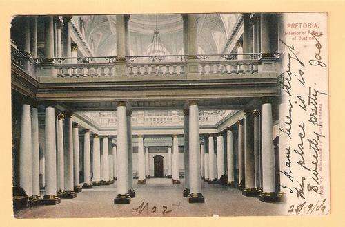 Old Postcard depicting INTERIOR PALACE OF JUSTICE, Pretoria with Johannesburg postmark