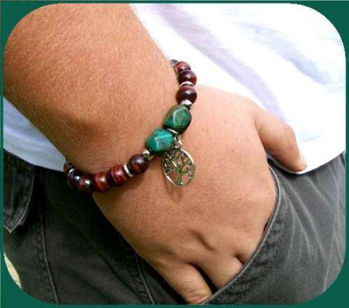 Red Tiger Eye and Turquoise Stone Men's stretch bracelet