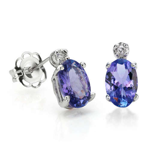 NEW SOLID 14KT WHITE GOLD REAL TANZANITE & DIAMOND EARRING