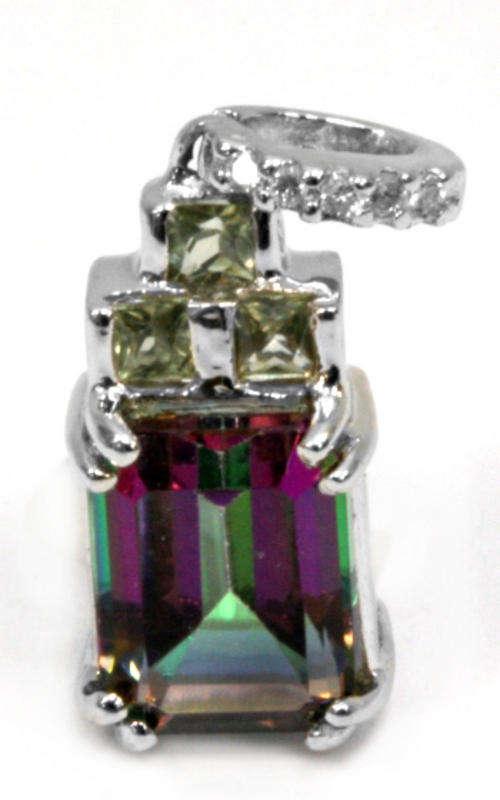 SOLID 9KT WHITE GOLD GENUINE MYSTIC TOPAZ & GREEN SAPPHIRE & DIAMOND PENDANT
