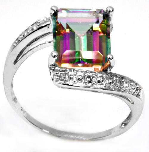 SOLID 9KT WHITE GOLD GENUINE MYSTIC TOPAZ AND DIAMOND RING