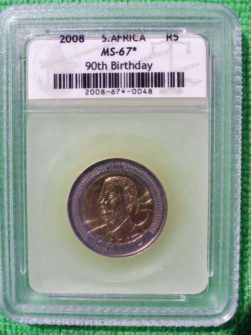 2008 NELSON MANDELA 90TH BIRTHDAY R5 COINS. SACGS GRADED MS67