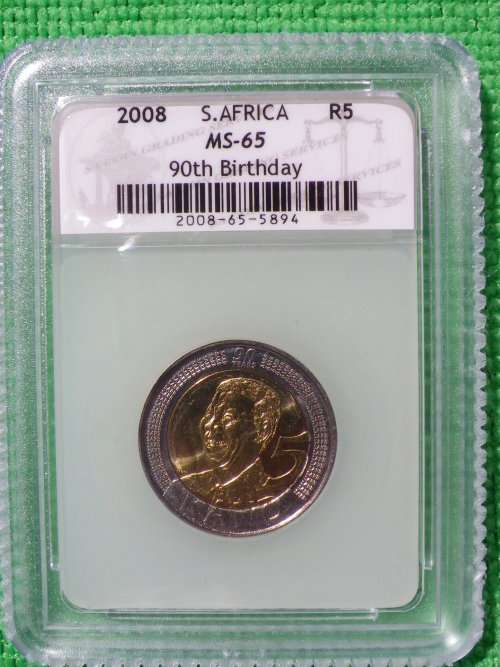 2008 NELSON MANDELA 90TH BIRTHDAY R5 COINS. SACGS GRADED MS65