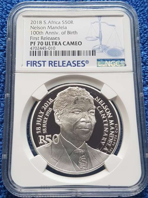 2018 SOUTH AFRICA SILVER R50 -NELSON MANDELA 100th ANNIV.OF BIRTH. -NGC GRADED PF70UC *1ST RELEAESES