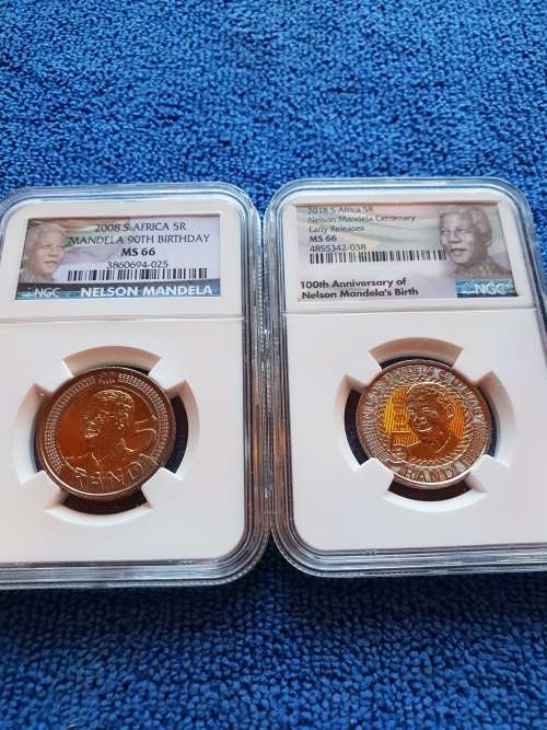 2008 AND 2018 NELSON MANDELA R5 DUO - 90TH BIRTHAY AND NEW CENTENARY COIN -NGC GRADED MS66 -
