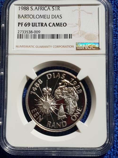 1988 SOUT H AFRICA SILVER R1  -BARTOLOMEU DIAS- NGC GRADED PROOF 69 ULTRA CAMEO