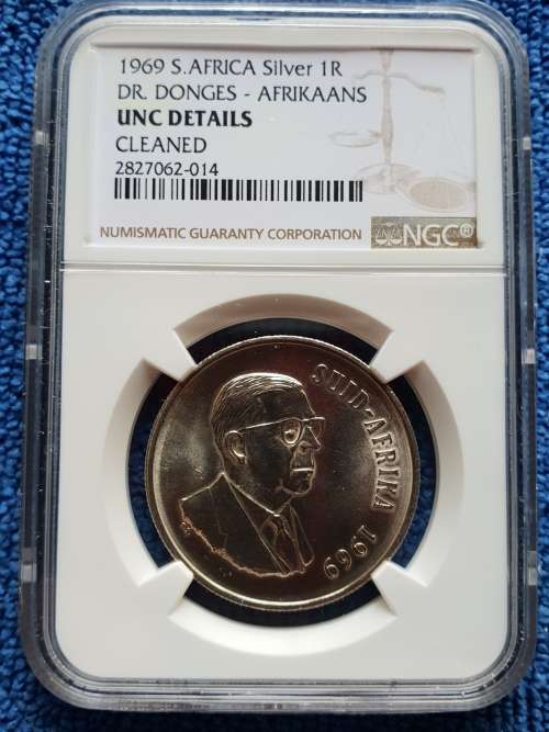 1969 SOUTH AFRICA SILVER R1 - DR DONGES AFRIKAANS - NGC  ** UNC DETAILS CLEANED**