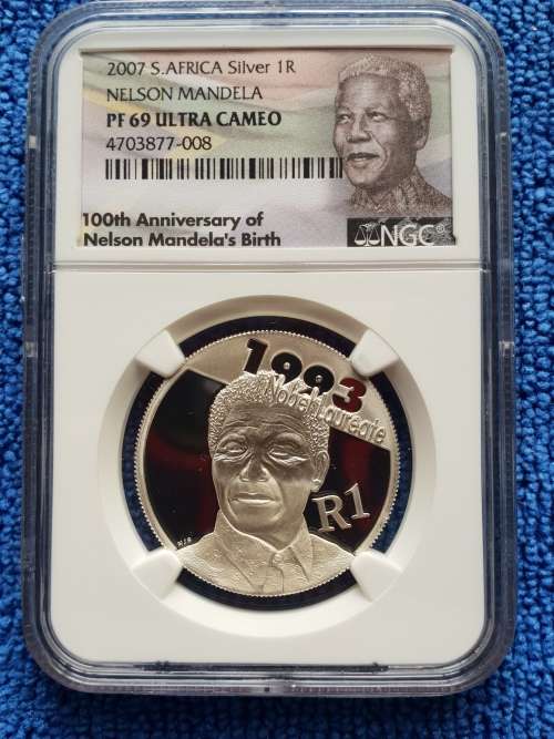 2007 NELSON MANDELA NOBEL LAUREATE SILVER R1.   NGC GRADED PF69 UC.  -* COLOUR LABEL*