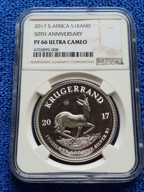 2017 PROOF SILVER 1oz KRUGERRAND. 50TH ANNIVERSARY. NGC GRADED PROOF 66UC.