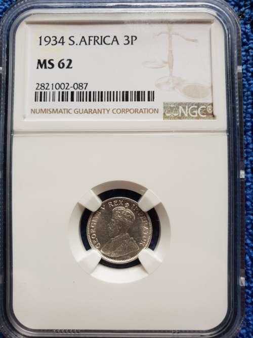 1934 UNION OF SOUTH AFRICA 3P  -NGC GRADED MS62