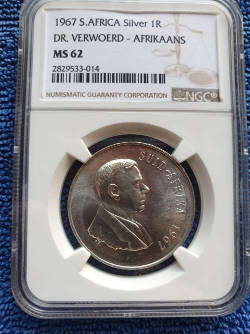 1967 SOUTH AFRICA SILVER R1 - DR.VERWOERD AFRIKAANS- NGC GRADED MS62