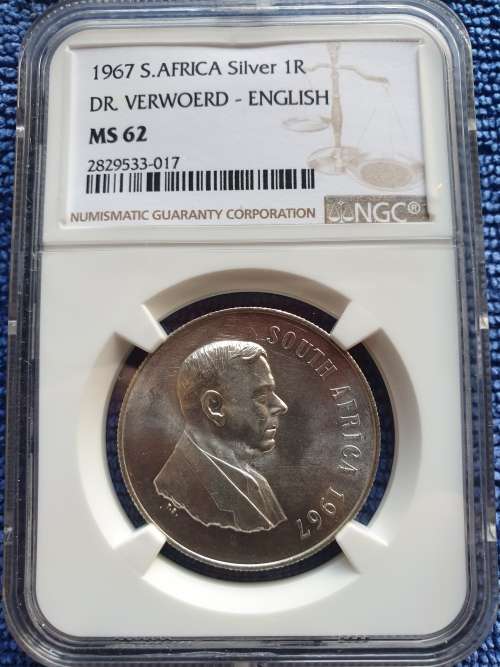 1967 SOUTH AFRICA SILVER R1 - DR.VERWOERD   ENGLISH  - NGC GRADED MS62