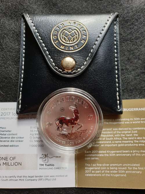 2017 1oz FINE-SILVER KRUGERRAND - PREMIUM UNCIRCULATED- -50 YEARS PRIVY MARK- -IN POUCH WITH COA