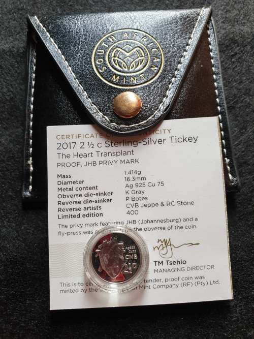 2 AVAILABLE!!   2017 2.5c PROOF SILVER TICKEY   *FLY-PRESS JHB PRIVY MARK* -THE HEART TRANSPLANT-