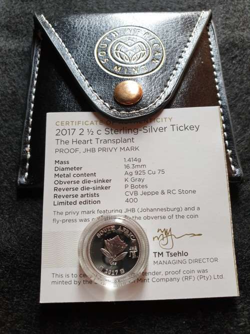 2 AVAILABLE!!   2017 2.5c PROOF SILVER TICKEY   *FLY-PRESS JHB PRIVY MARK* -THE HEART TRANSPLANT-