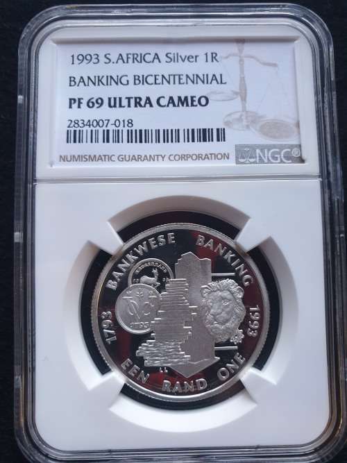 1993 SOUTH AFRICA SILVER R1  -BANKING BICENNTENNIAL- NGC GRADED PF 69 ULTRA CAMEO