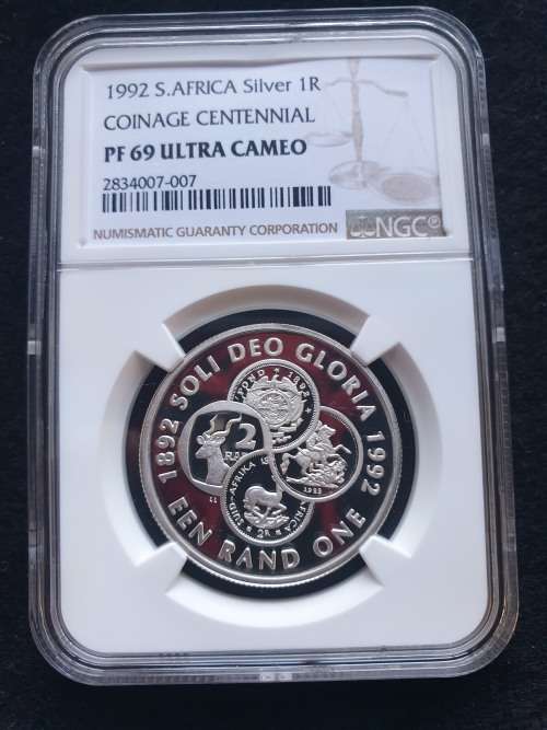 1992 SOUTH AFRICA SILVER PROOF R1 -COINAGE CENTENNIAL- NGC GRADED PROOF 69 ULTRA CAMEO