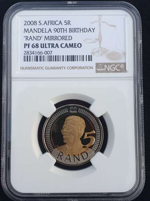 PROOF 2008 NELSON MANDELA 90th BIRTHDAY R5. - "RAND" MIRRORED PF68 ULTRA CAMEO