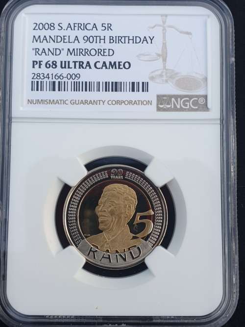 PROOF 2008 NELSON MANDELA 90th BIRTHDAY R5. - "RAND" MIRRORED PF68 ULTRA CAMEO