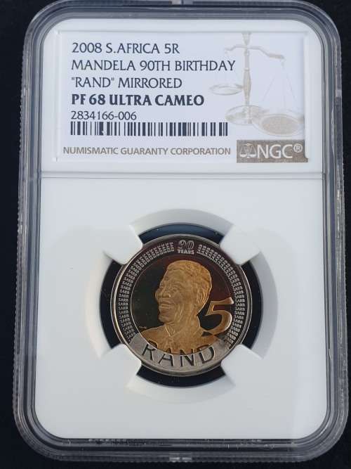 PROOF 2008 NELSON MANDELA 90th BIRTHDAY R5. - "RAND" MIRRORED PF68 ULTRA CAMEO