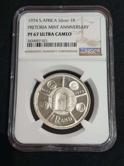 1974 SOUTH AFRICA SILVER R1 - PRETORIA MINT ANNIVERSARY- NGC PF 67 ULTRA CAMEO -VERY HIGH GRADE