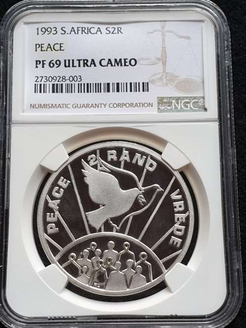 1993 SOUTH AFRICA SILVER R2 -PEACE/VREDE- NGC GRADED PF69 ULTRA CAMEO. FINEST GRADE!