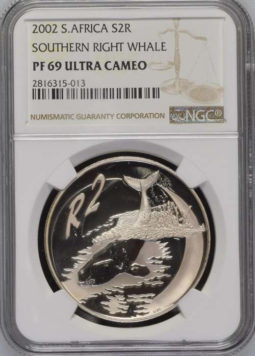 2002 SOUTH AFRICA SILVER PROOF R2  -SOUTHERN RIGHT WHALE-  NGC GRADED PF69 UC