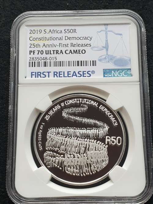 2019 SOUTH AFRICA PROOF SILVER R50   -CONSTITUTIONAL DEMOCRACY-  NGC GRADED PF70 - FINEST KNOWN !!