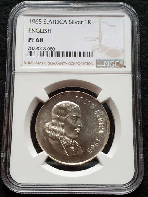 1965 SOUTH AFRICA SILVER PROOF R1  - ENGLISH - NGC GRADED PF68 **FINEST KNOWN**