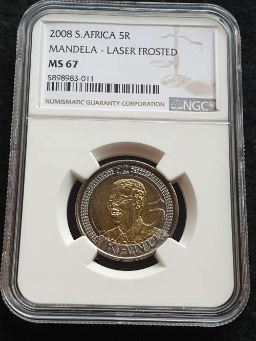 2008 NELSON MANDELA R5.**LASER FROSTED** NGC GRADED MS67.**HIGH VALUE SCARCE COIN**  FINEST KNOWN!!