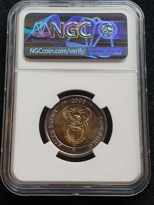 2008 NELSON MANDELA R5.**LASER FROSTED** NGC GRADED MS67.**HIGH VALUE SCARCE COIN**  FINEST KNOWN!!
