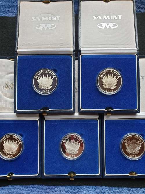 SET OF 5 PROOF SILVER 15g R1 COINS -NOBEL PEACE PRIZE WINNERS- 2005 2006 2007 2007 2008-  PROTEA