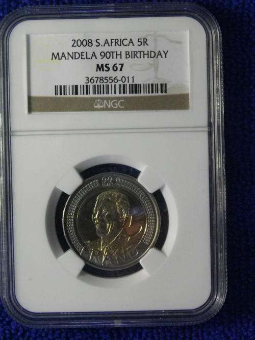 2 AVAILABLE!! 2008 NELSON MANDELA 90TH BIRTHDAY R5 NGC GRADED MS 67 SCARCE HIGH GRADE!!