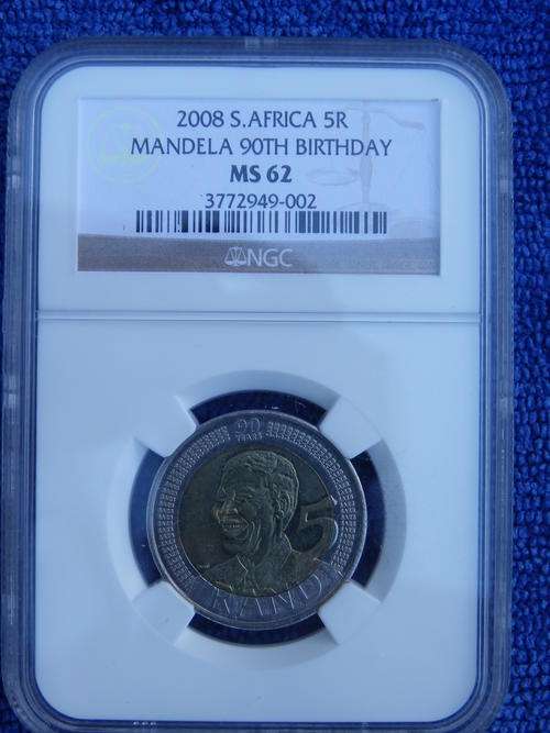2008 NELSON MANDELA 90TH BIRTHDAY R5.NGC GRADED MS 62. SCARCE GRADE!!