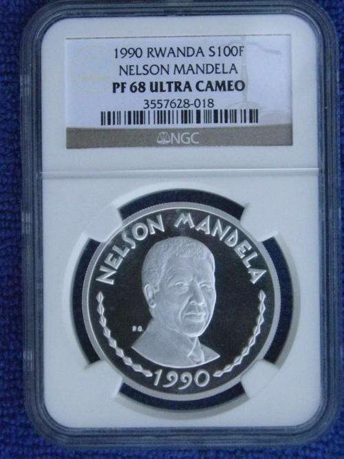 1990 RWANDA S100F NELSON MANDELA NGC GRADED PF68 ULTRA CAMEO